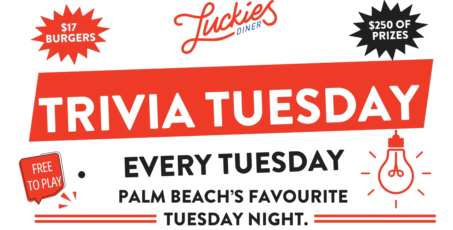 Trivia Tuesday at Luckies Diner, every Tuesday – $17 burgers, free to play, $250 of prizesimage